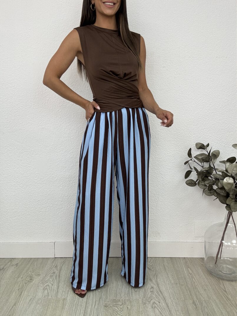 IMG_5821 PANTALON FLUIDO RECTO RAYAS TURQUESA/MARRON
