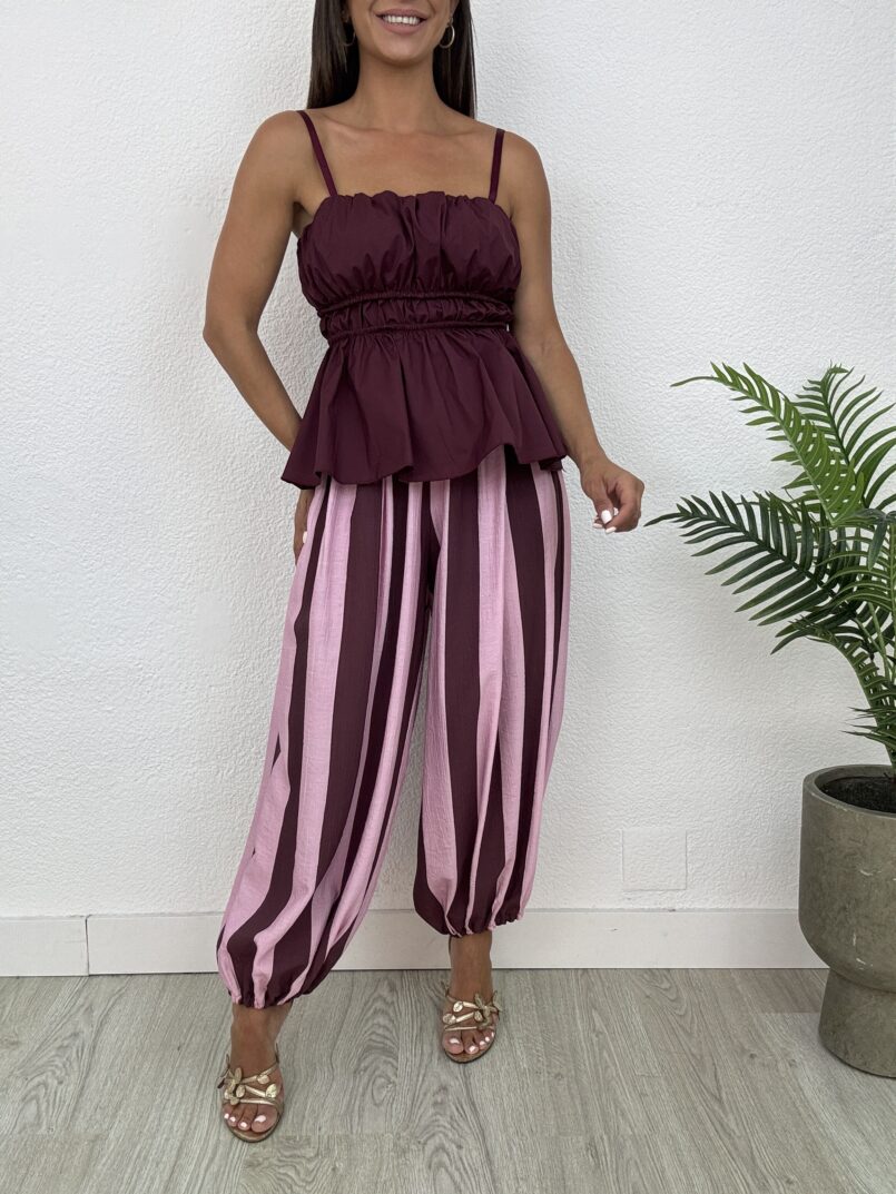 PANTALÓN BOMBACHO RAYAS ROSA/BURDEOS